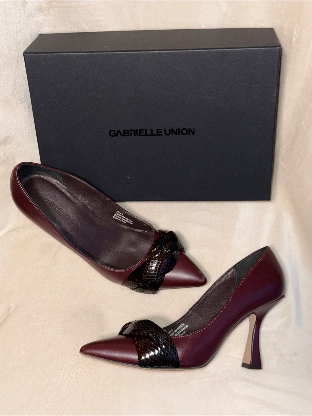 Gabrielle Union Burgundy Pointed Toe Heels with Snakeskin Accent, in Box, Size 9